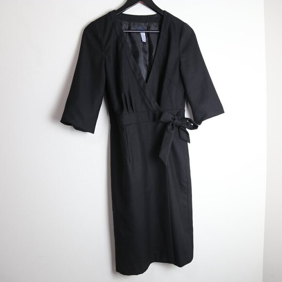J. Crew Dresses & Skirts - J.Crew Black 100% Wool 3/4 Sleeve Belted Wrap Bodycon Midi Dress Size 4